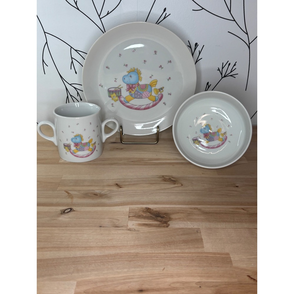 Vintage Rocking Horse Ceramic Kids Dish Set Plate Bowl Double Handle Cup 3pc
